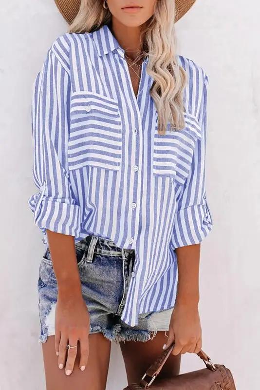 Drune | Damen Leinen Baumwolle Gewaschen Wasserstreifen Einreihiges Langarmshirt Damen