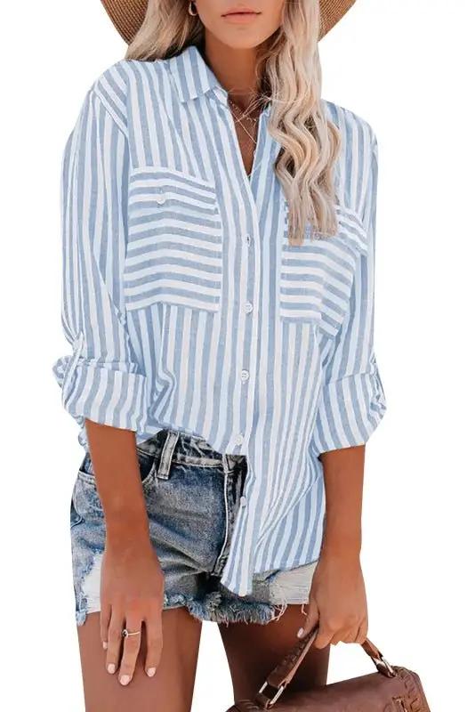 Drune | Damen Leinen Baumwolle Gewaschen Wasserstreifen Einreihiges Langarmshirt Damen