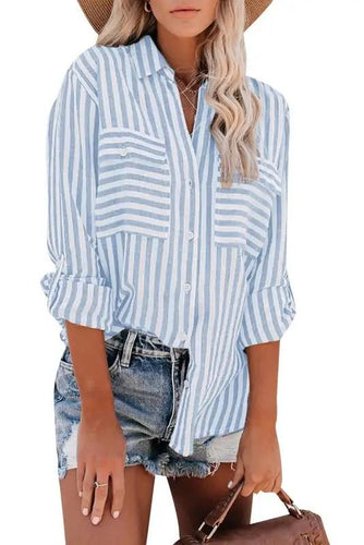 Drune | Damen Leinen Baumwolle Gewaschen Wasserstreifen Einreihiges Langarmshirt Damen
