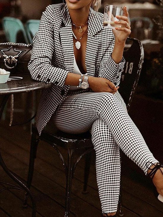 Drune | Damen Set Check Slim Blazer & Hosen Zwei Teile Set