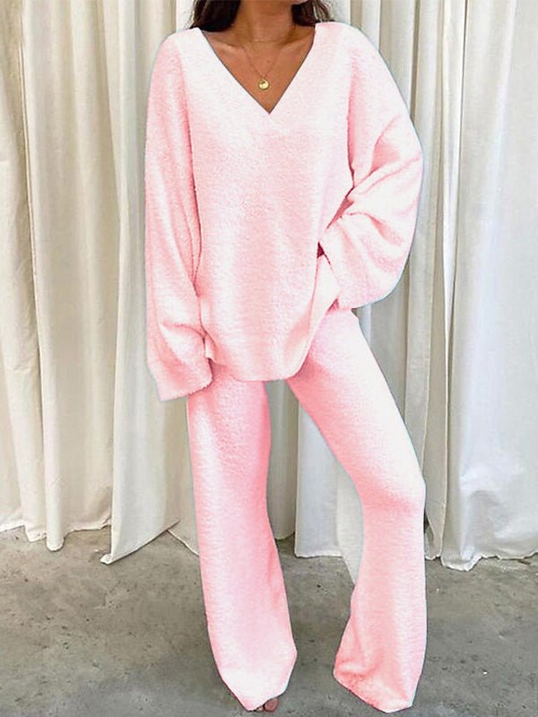 Drune | Damen Set Einfarbig V-Ausschnitt Lässige Langarm Top & Hose Warm Zweiteilig Set