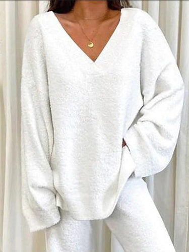 Drune | Damen Set Einfarbig V-Ausschnitt Lässige Langarm Top & Hose Warm Zweiteilig Set