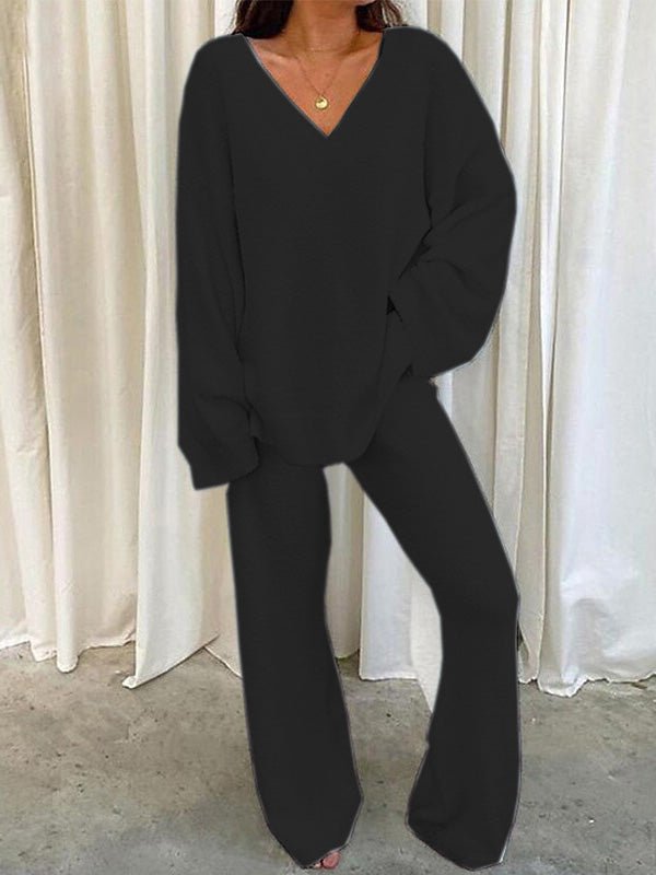 Drune | Damen Set Einfarbig V-Ausschnitt Lässige Langarm Top & Hose Warm Zweiteilig Set