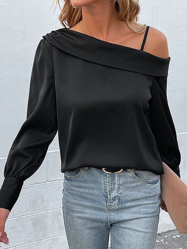 Drune | Damen T-Shirts Unregelmäßig Schwarz Träger Langarm T-Shirt