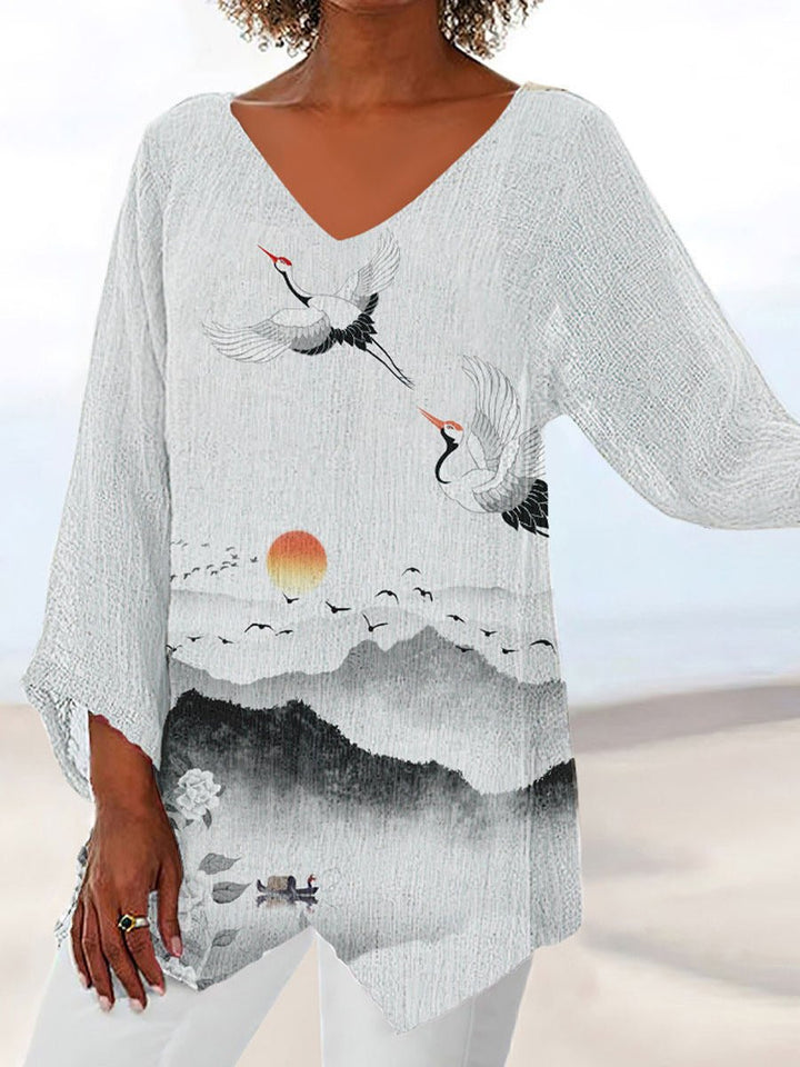 Drune | Damen T-Shirts Locker Print V-Ausschnitt Kurze Ärmel T-Shirt
