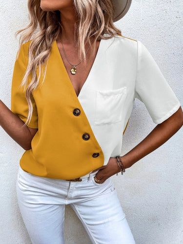 Drune | Damen T-Shirts V-Ausschnitt Knopf Kontrastfarbe Kurzarm T-Shirt