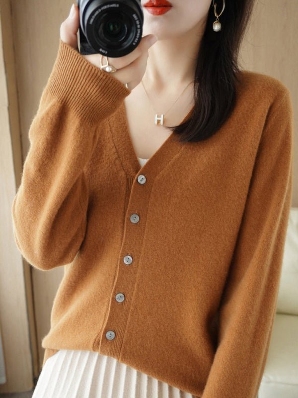 Drune | Damen V-Ausschnitt Knopfverschluss Langarm Cardigan