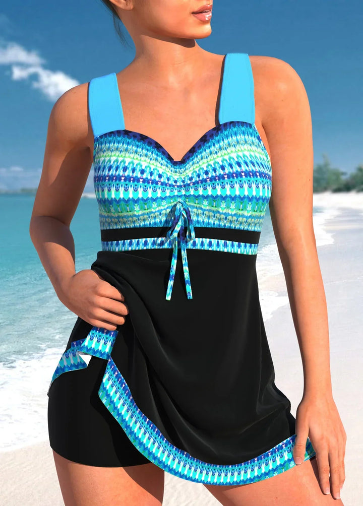 Drune blauer, schmaler, leichter Patchwork-Tankini