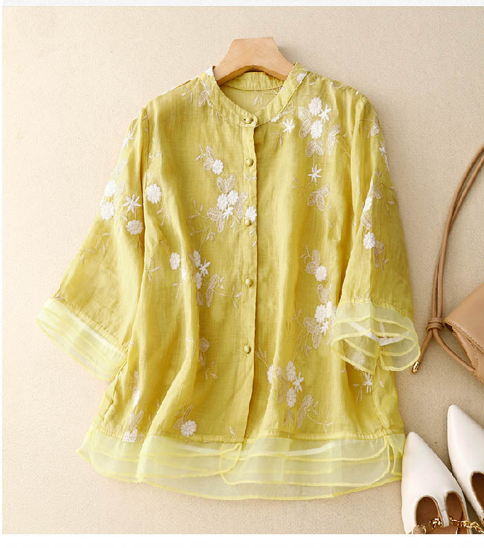 Drune | Bestickte Baumwoll Leinen Bluse