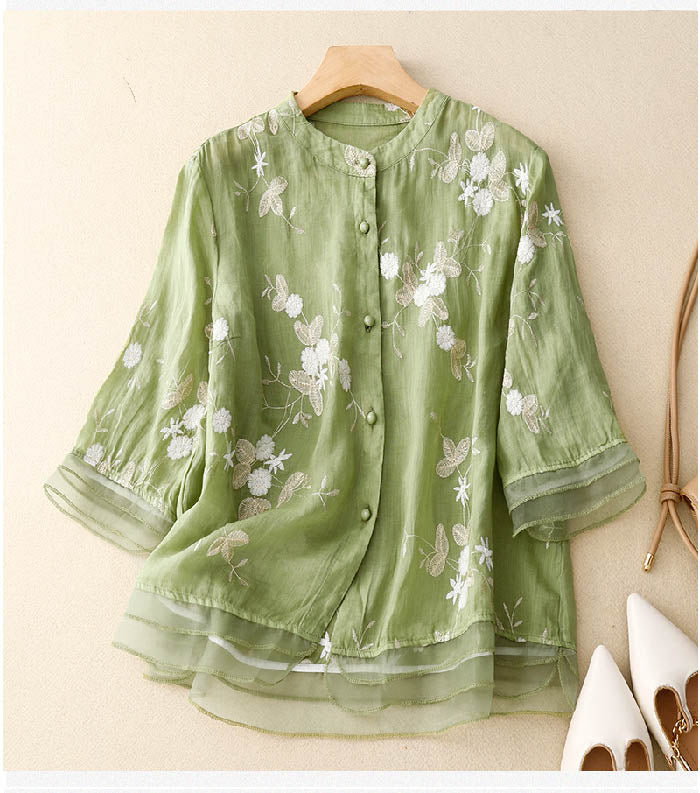 Drune | Bestickte Baumwoll Leinen Bluse