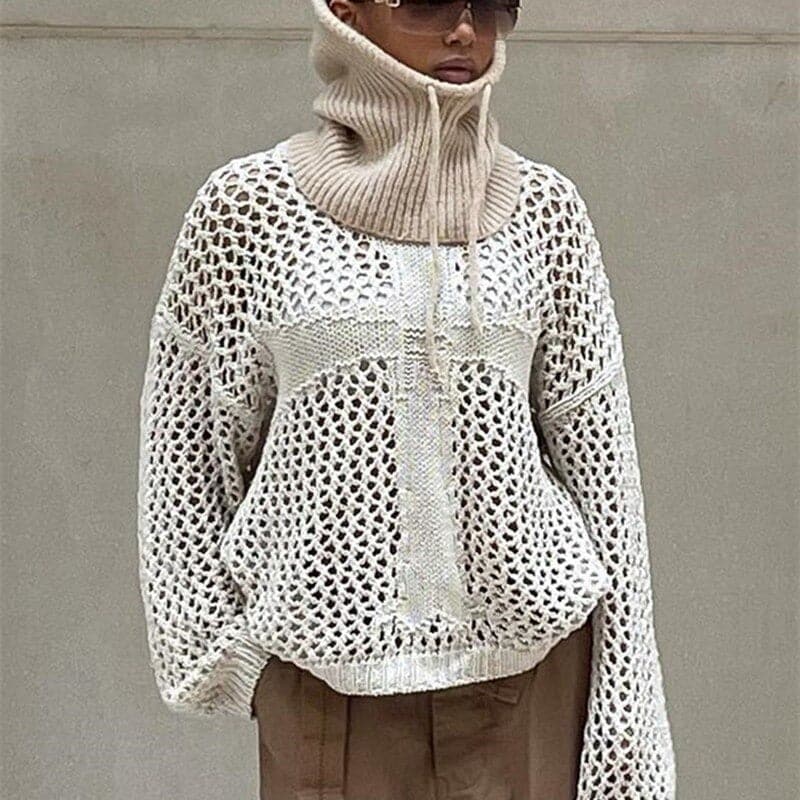 Drune | Übergroß Fit Offenes Strickmuster Hoher Kragen Mit Schnürung Lässiger Look