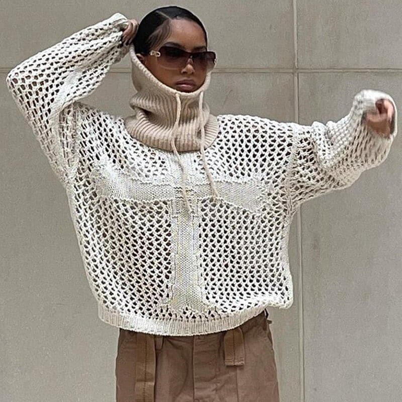 Drune | Übergroß Fit Offenes Strickmuster Hoher Kragen Mit Schnürung Lässiger Look