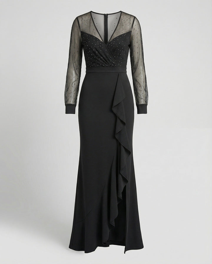 Langes, Glänzendes, Mit Pailletten Gerüschtes, Elegantes Abendkleid In Schwarz