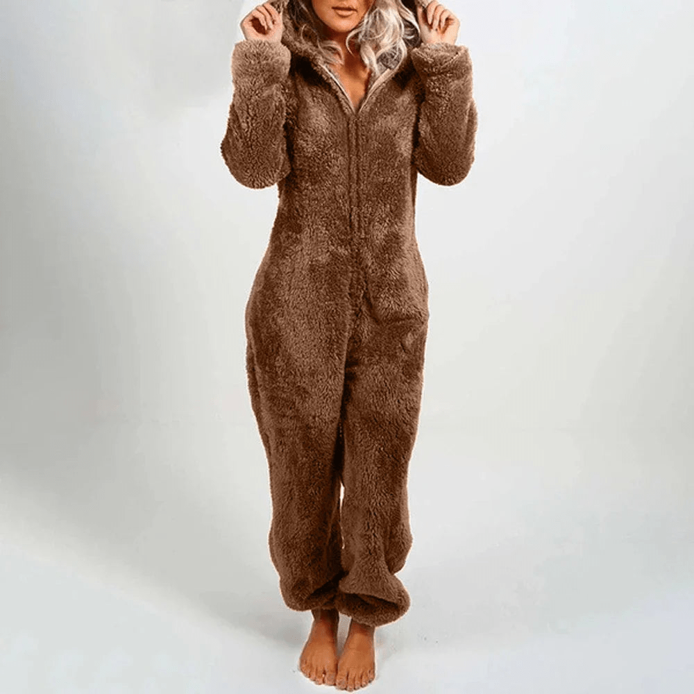 Drune | Verspielter Teddybären Damen Jumpsuit Weiche Plüsch Pyjama