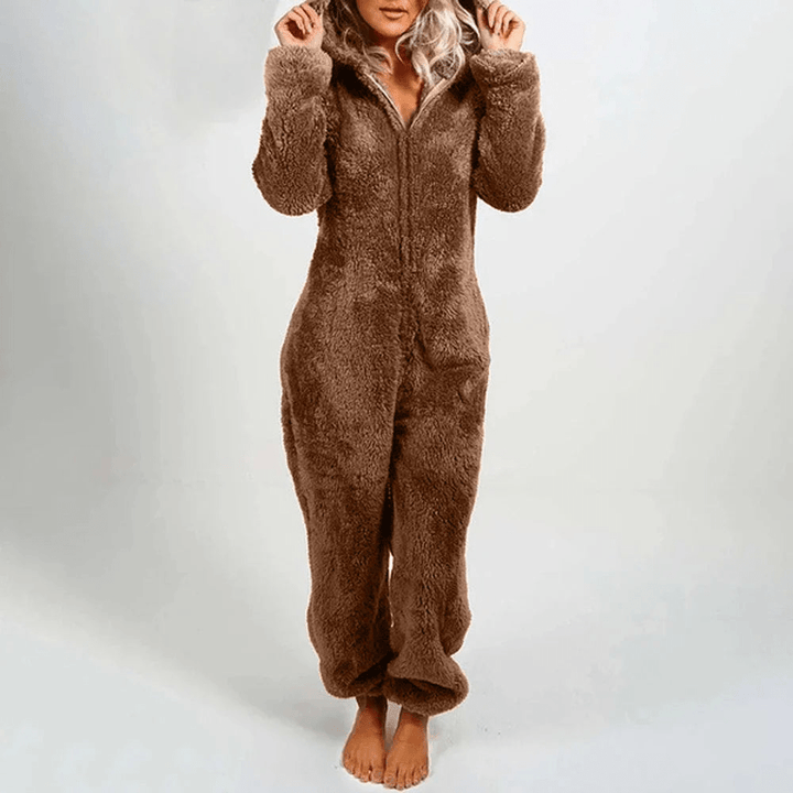 Drune | Verspielter Teddybären Damen Jumpsuit Weiche Plüsch Pyjama