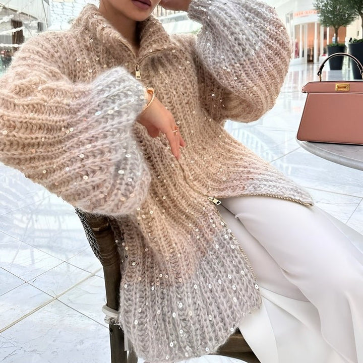 Drune | Stylischer Gestrickter Glitzerpullover mit Reißverschluss