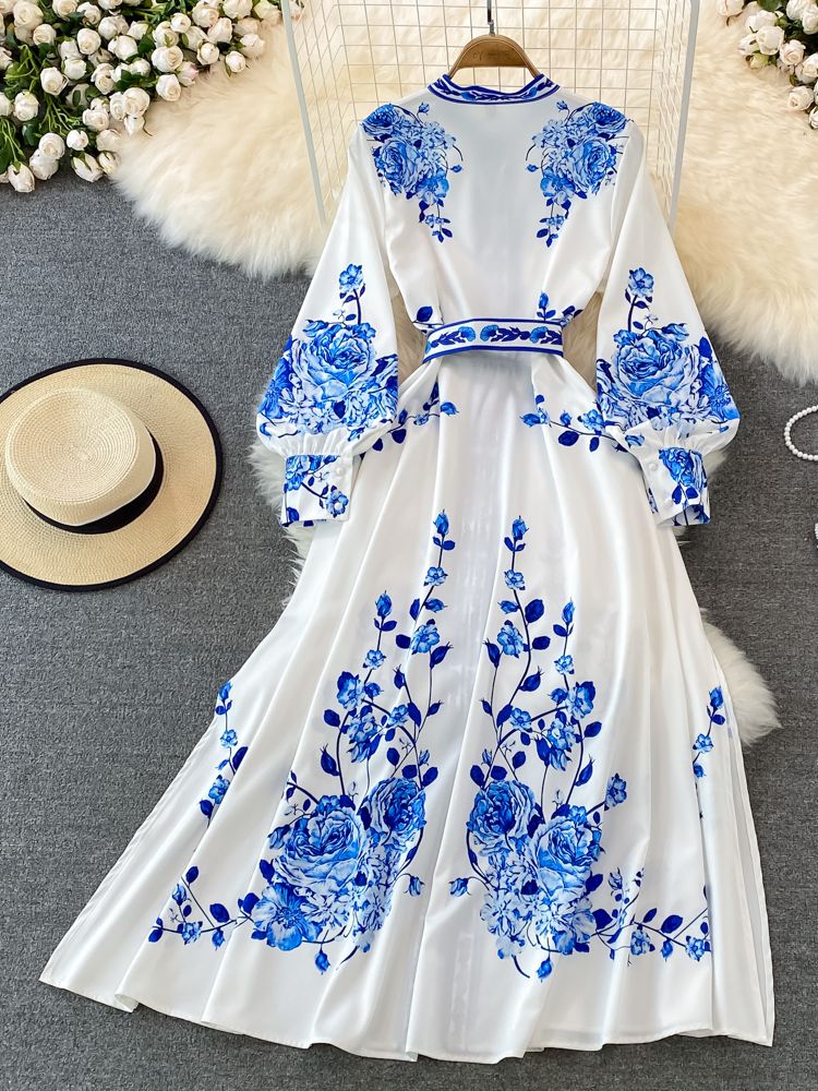 Drune Kleid mit Blumendruck Langes Laternenärmeliges Single Vintage