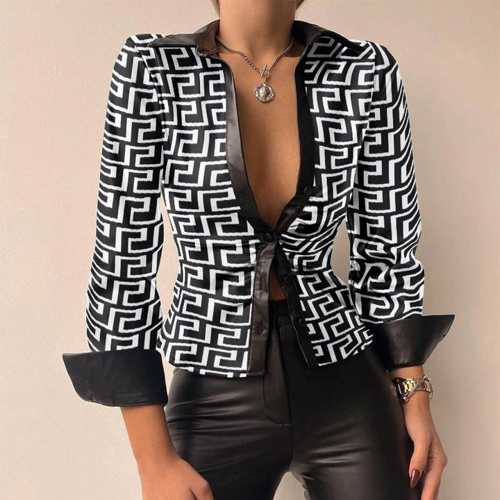 Drune V-Ausschnitt PU-Leder bedruckt Langarm Patchwork-Bluse