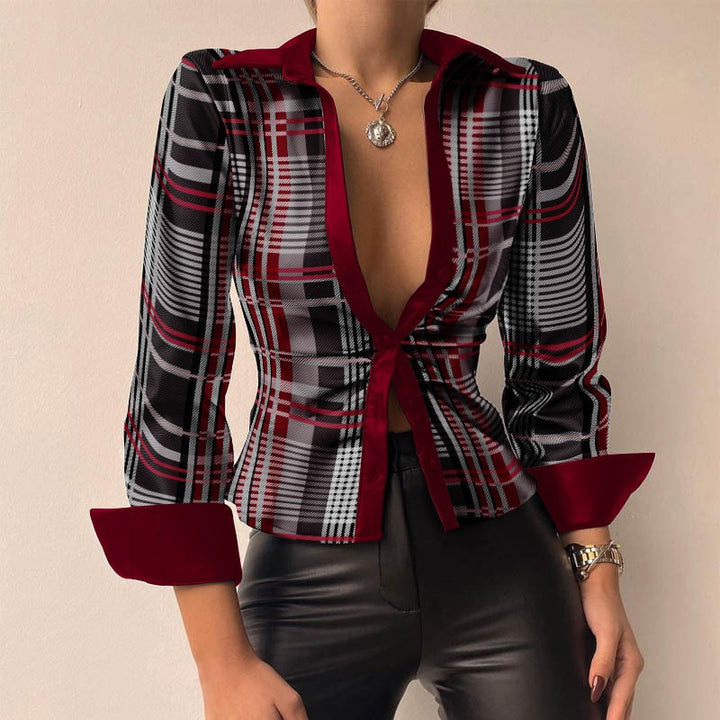 Drune V-Ausschnitt PU-Leder bedruckt Langarm Patchwork-Bluse