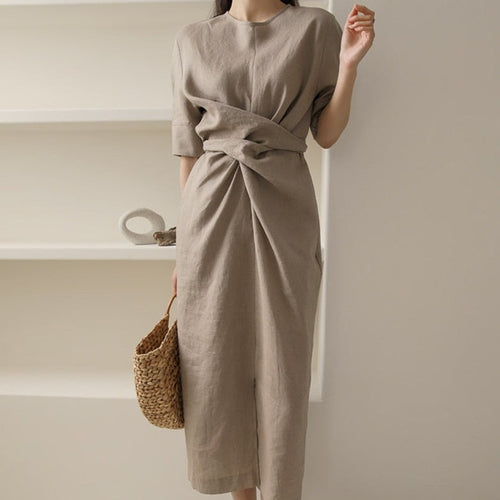 Drune Unregelmäßiges Kleid aus Leinen in Khaki