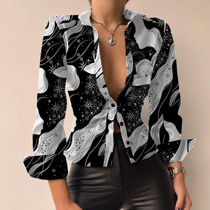 Drune V-Ausschnitt PU-Leder bedruckt Langarm Patchwork-Bluse