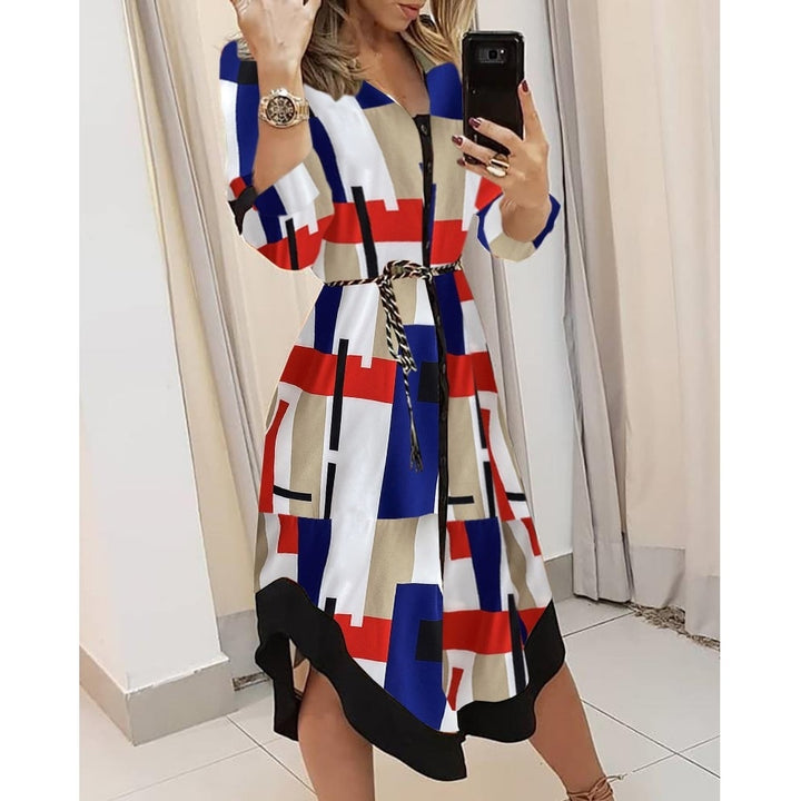 Drune Wellen-Druck Lange Ärmel Kleid