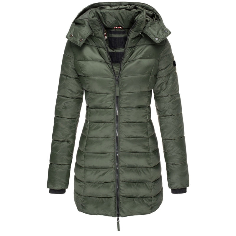 Drune Damen Parka Mantel | Lange Winterjacke mit Kapuze und Daunenfüllung