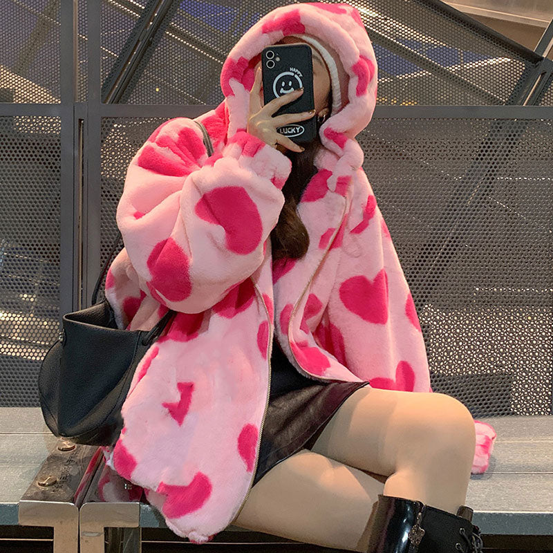 Drune Harajuku Bär Teddy Druck Plüsch Jacke flauschige Kapuze Oberbekleidung