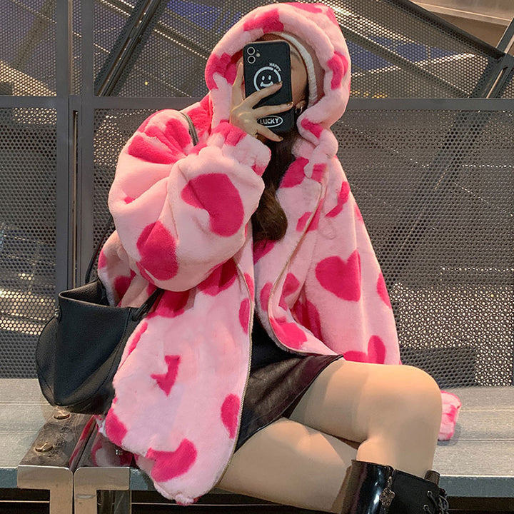 Drune Harajuku Bär Teddy Druck Plüsch Jacke flauschige Kapuze Oberbekleidung