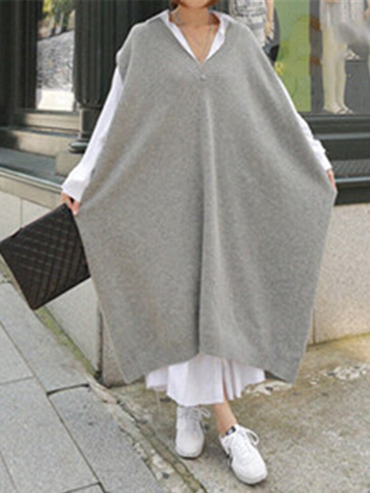 Drune V-Ausschnitt Lose Pullover-Kleid