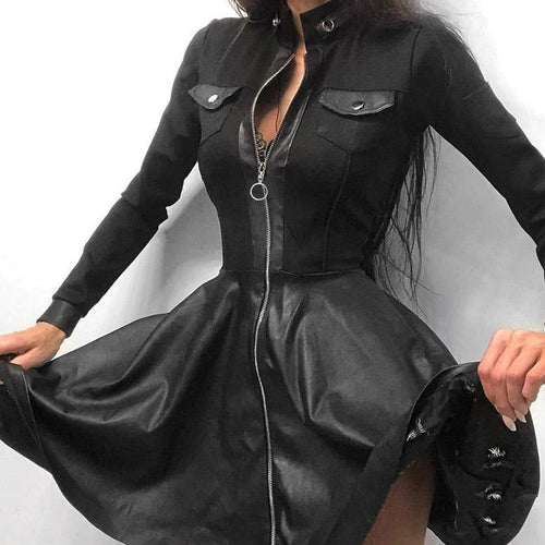 Drune Leder-Reißverschluss Minikleid